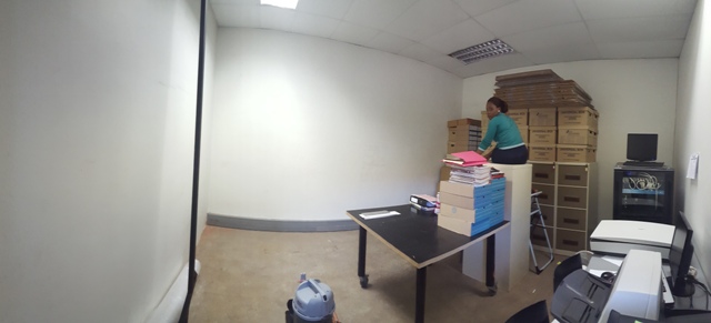 Reorganising the space in the archival sorting room during the archival refurbishment, March 2016 Reorganising the space in the archival sorting room during the archival refurbishment, March 2016