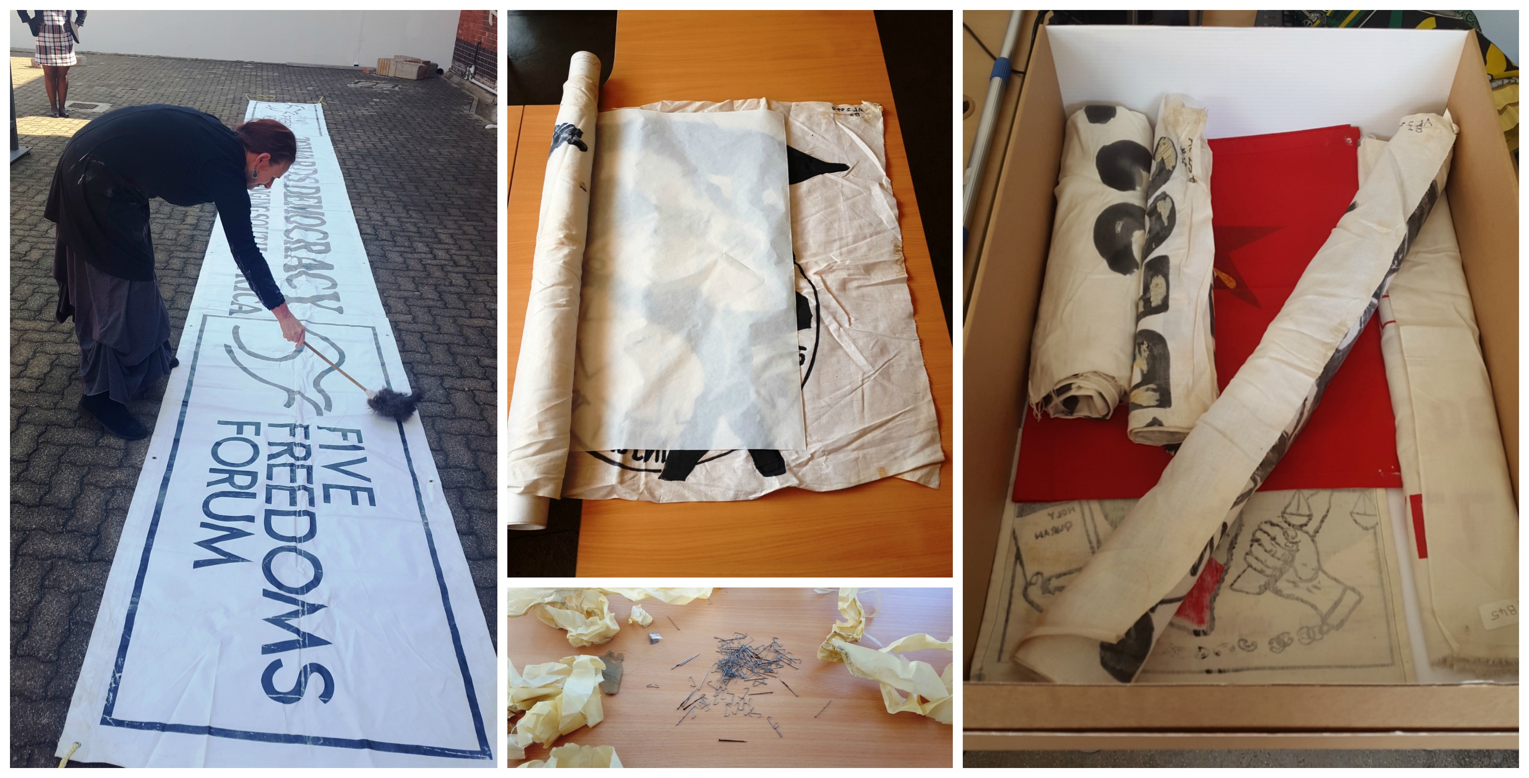 Preservation measures: cleaning banners, tape and staple removal, rolling up banners with acid free tissue paper & placing banners in acid free boxes Preservation measures: cleaning banners, tape and staple removal, rolling up banners with acid free tissue paper & placing banners in acid free boxes