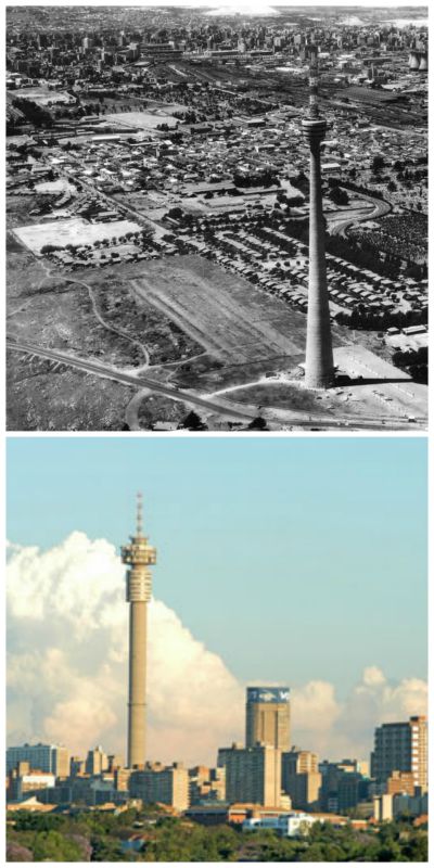 Brixton Tower in the 1960s (top) and Hillbrow Tower (bottom). Photographers unknown.