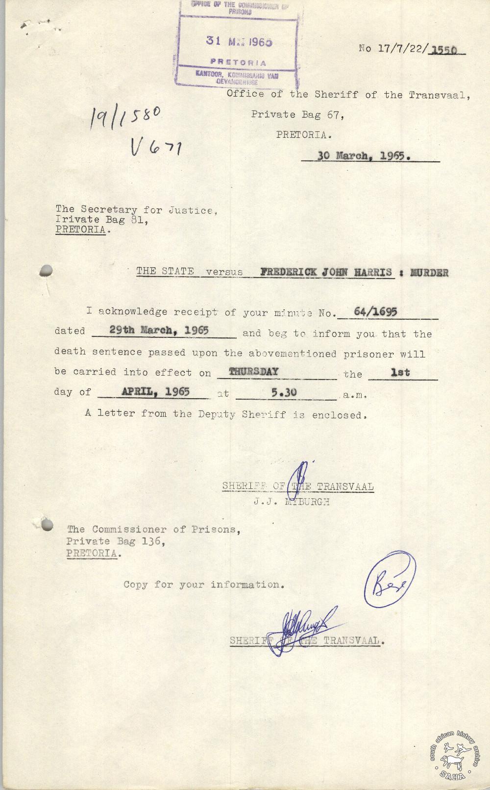 Sheriff's notification of the date and time of John Harris's execution. Archived as SAHA collection AL3273_D1_050