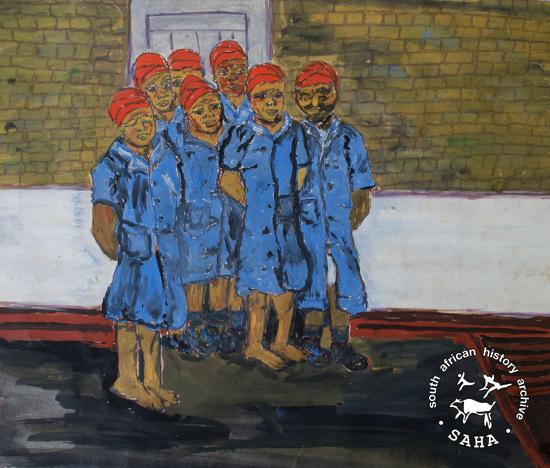 'Prisoners in the Yard' by Fatima Meer, 1976. Archived as SAHA collection AL3295_H01.04.03