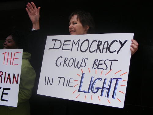 Jenny Dry. Activist and member of the Right2Know campaign R2K protester holding plackard which reads 'Democracy grows in light