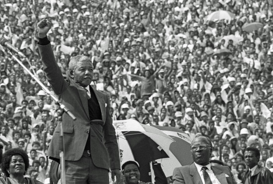 Nelson Mandela at the Welcome Home Rally, Soweto, 13 February 1990. Photographer: Gille de Vlieg. Archived as SAHA collection AL3274_I16 Nelson Mandela at the Welcome Home Rally, Soweto, 13 February 1990. Photographer: Gille de Vlieg. Archived as SAHA collection AL3274_I16