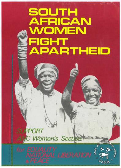 AL2446_4532 SOUTH AFRICAN WOMEN FIGHT APARTHEID It features a black and white photograph of two women with their arms raised. The text reads: