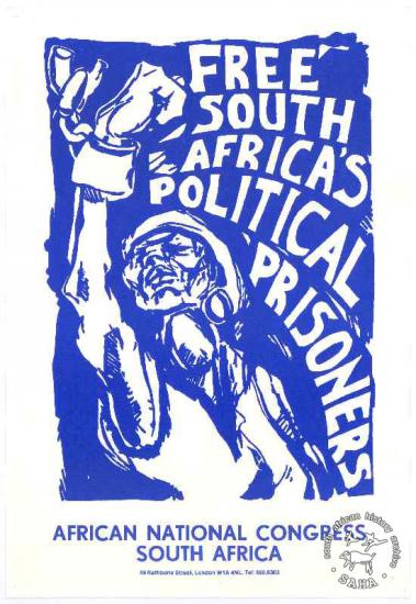 This poster is an A3 poster in blue. The image is of a woman with her fist raised, holding a broken chain