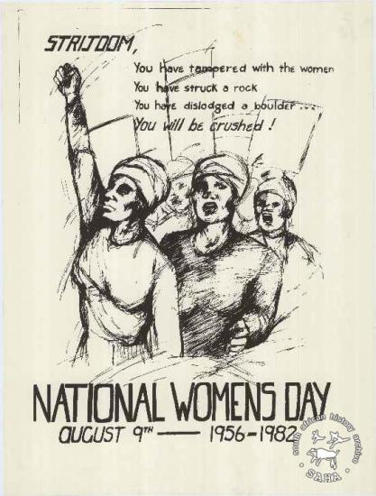 AL2446_0055 NATIONAL WOMENS DAY This poster is silkscreened in black on white; includes a drawing. Text reads: